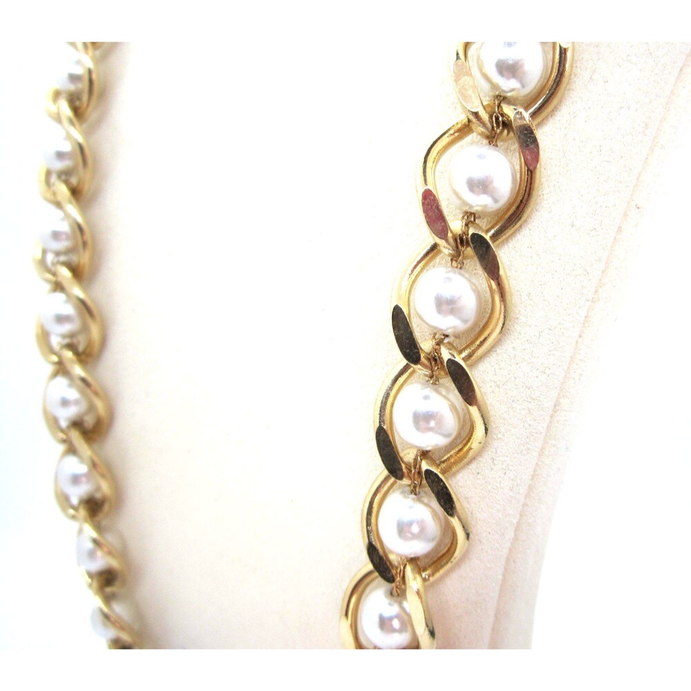 Vintage Gold Tone Caged Faux Pearl Necklace 24"